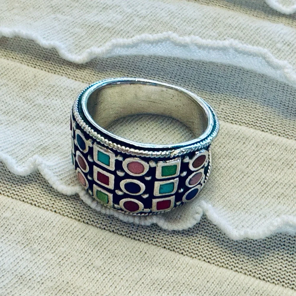 Vintage Enameled MultiColor Sterling Silver Wide Band Ring 925 Sz 6 Tribal Inlay